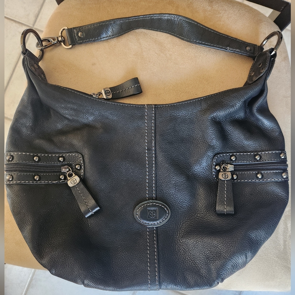 Giani Bernini black genuine Pebble leather with 2 side pockets shoulder bag - Picture 3 of 17